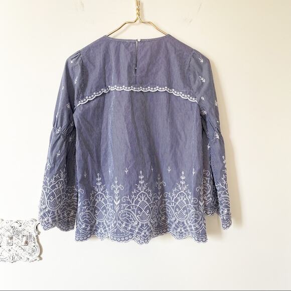 J. Crew Striped Embroidered Bell Sleeve Top Blouse XXS - Picture 6 of 7